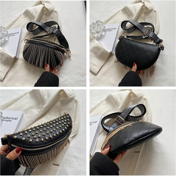 💫 Glt.etl Faux leather Fringe Women Black Quilted Rivet Studded Waist Pack - Picture 3 of 7